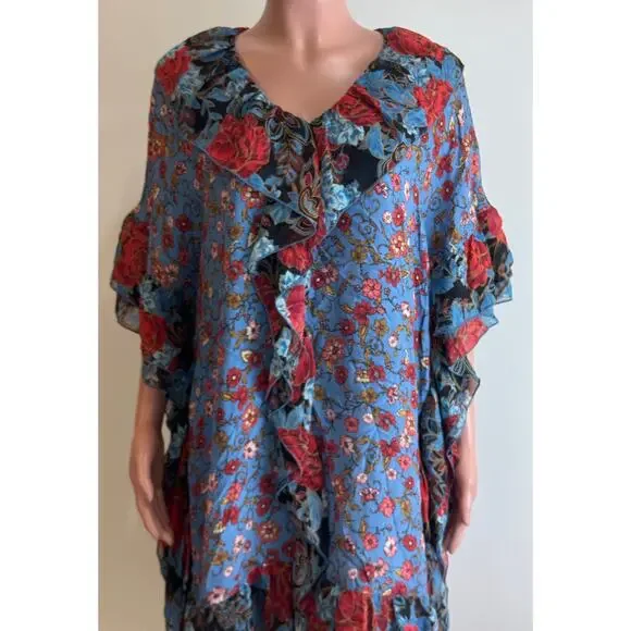 See By Chloe Floral Print Silk Caftan Dress Sz 38 6 Blue Dream Cottagecore Boho - Picture 5 of 16